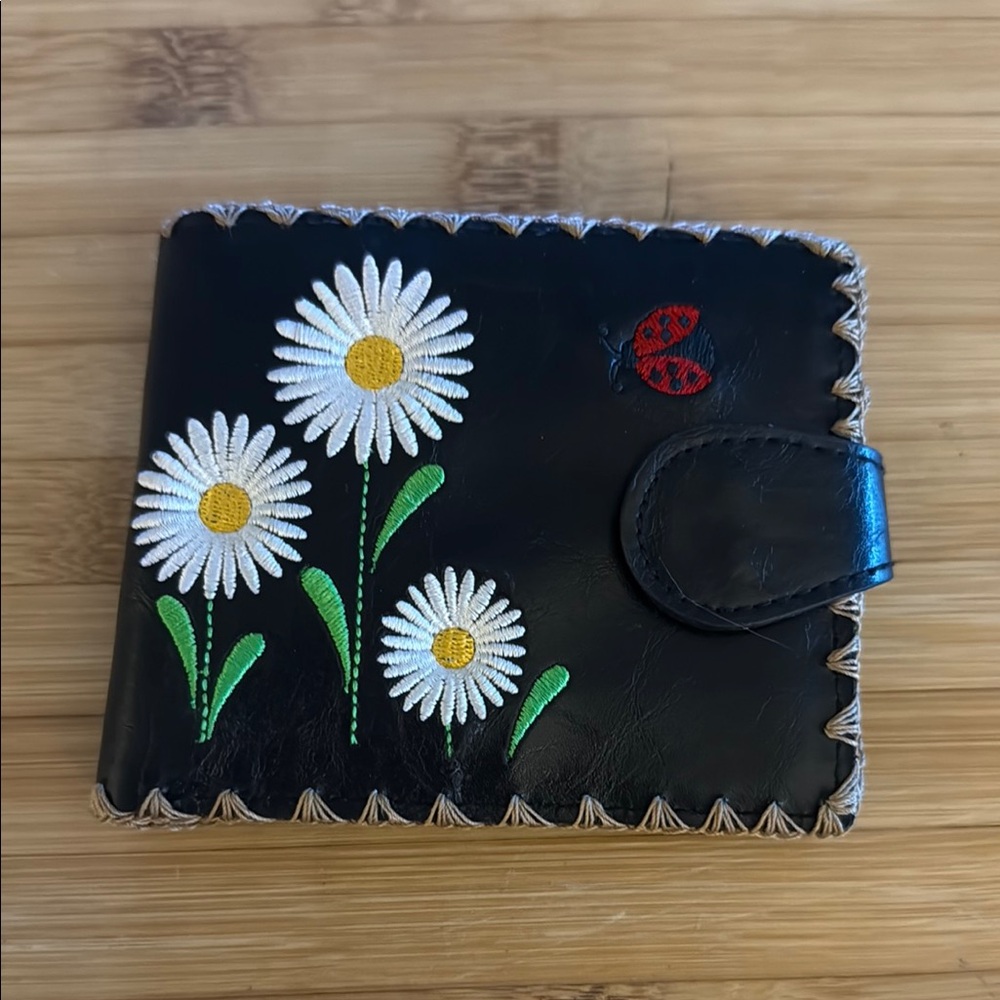 Floral Embroidered Black Wallet